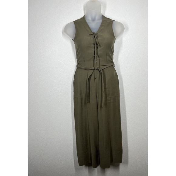 Karen Millen Utility Jumpsuit Size 4 Olive Green Lace Up Crop Wide Leg - Picture 1 of 8